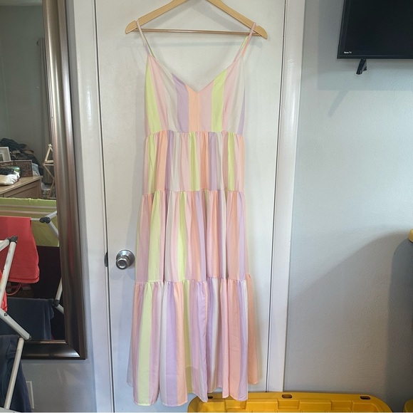 Karlie Pastel Stripe Tiered Midi Dress. Pink and White. Size: Medium. - Picture 3 of 11